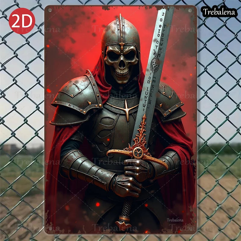 1PC 2D Flat 8*12inch Metal Sign Skull Knight with Sword Medieval Warrior Art Decor