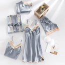 5PCS Sleepwear Sleep Suit Sexy Womens Lace Pajamas Sets V-Neck Satin Pijamas Intimate Lingerie Spring Nightwear Home Wear PJS