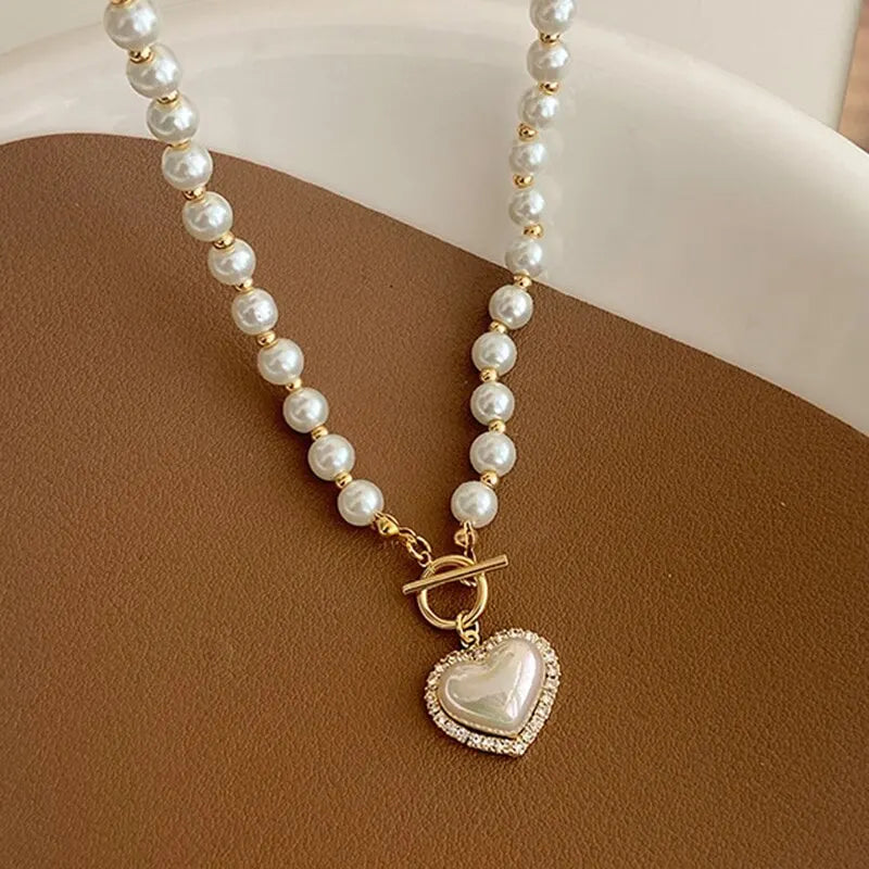 White Imitation Pearl Bead Necklace Women Crystal Stone Heart Pendant Cute Girl Jewelry Necklace Collier Femme
