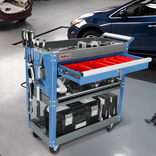 AIRAJ Heavy Duty 3-Tier Rolling Tool Cart with Drawers & Pegboard
