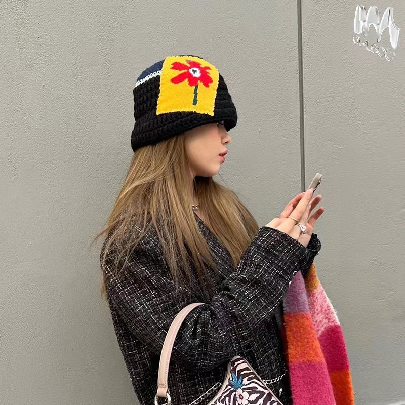 2024 New Korean-Japanese Hand Buckle Crochet Bucket Hat Spring and Autumn Winter Sun Hat Female Cherry Designer Bob Basin Hat