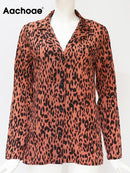 Aachoae Women Blouses Autumn Leopard Blouse Long Sleeve Turn Down Collar Lady Office Shirt Loose Tops Blusas Chemisier