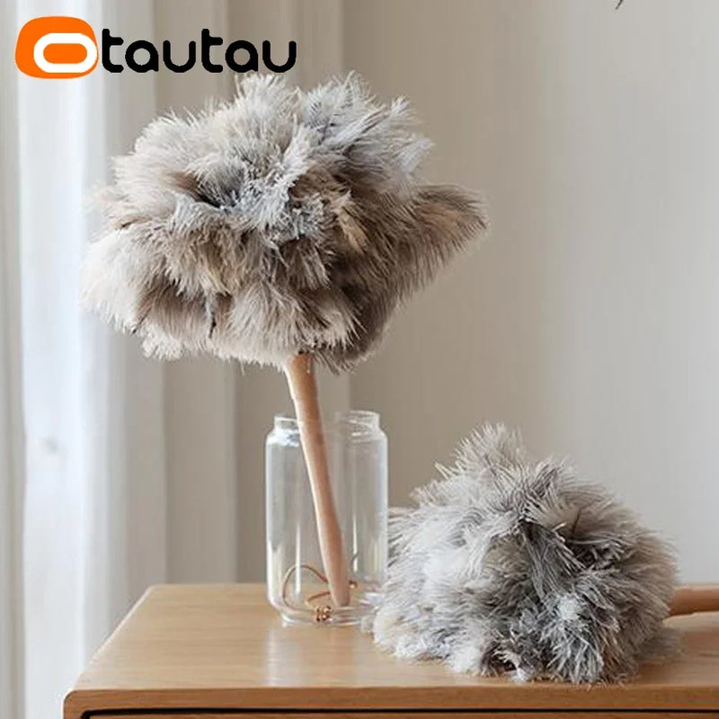 OTAUTAU 100% Real Ostrich Feather Duster Wood Handle Household Car Dust Brush Cleaner House Cleaning Tools DZ004