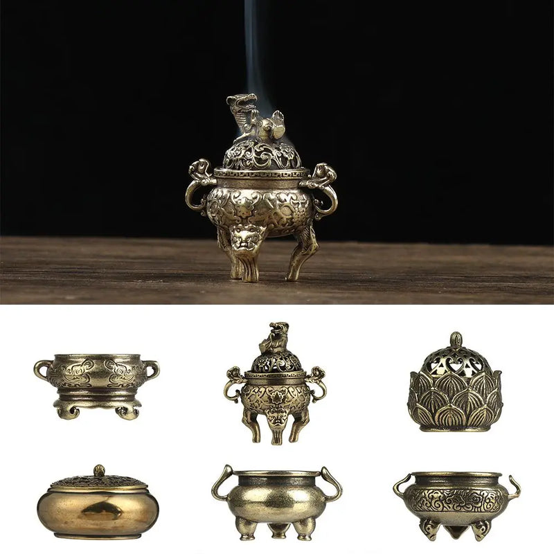 Incense Burner Mini Qilin Head Hollow Lotus Retro Brass Censer Cense Stick Holder Chinese Ancient Style Home Desktop Decor Craft