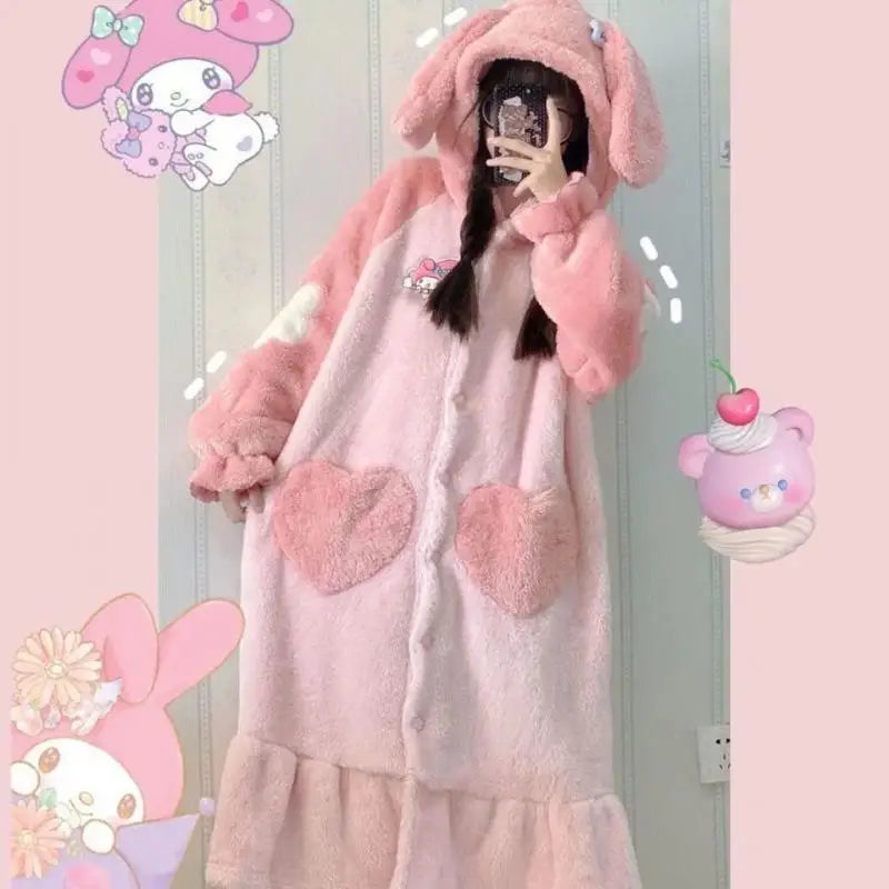 Sanrios High Quality Girl Plush Cartoon Pajamas Kuromi My Melody Cinnamoroll Winter Extra Thick Coral Fleece Nightdress