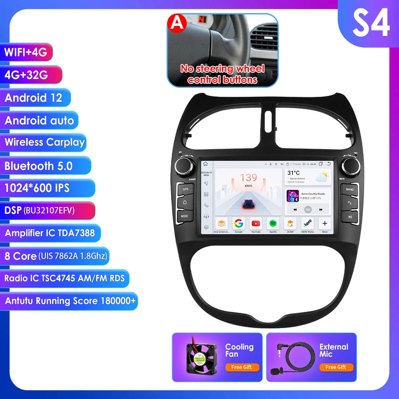 Hizpo 2Din 7inch Android Car Radio for Peugeot 206 206CC 206SW 2000 - 2008 Multimedia 4G BT Auto CarPlay GPS RDS DSP Stereo