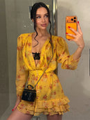 Red Floral Print Peter Pan Collar Dress Women Puff Sleeve V-neck High Waist A-line Mini Dresses Lady Evening Dinner Vestido 2026