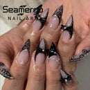 Black Cool Fake Nails Halloween Bat Press on Nails Almond Decorated Nail Tips Rivet Bow False Nails 24pcs Reusable Acrylic Nails