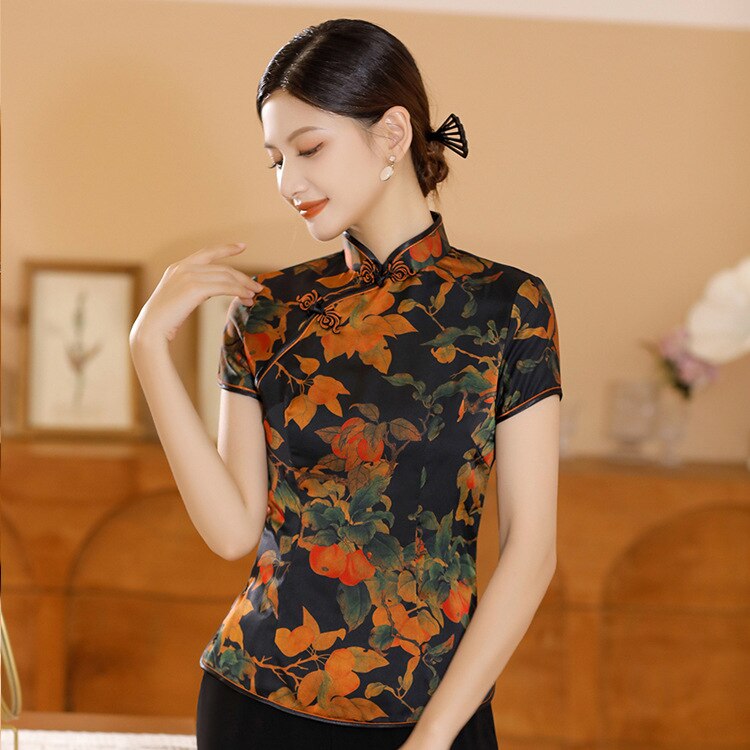 Traditional Chinese Print Flower Women Tang Coat Tops Sexy Slim Shirt Soft Silk Satin Blouse Vintage Classic Clothing Plus Size