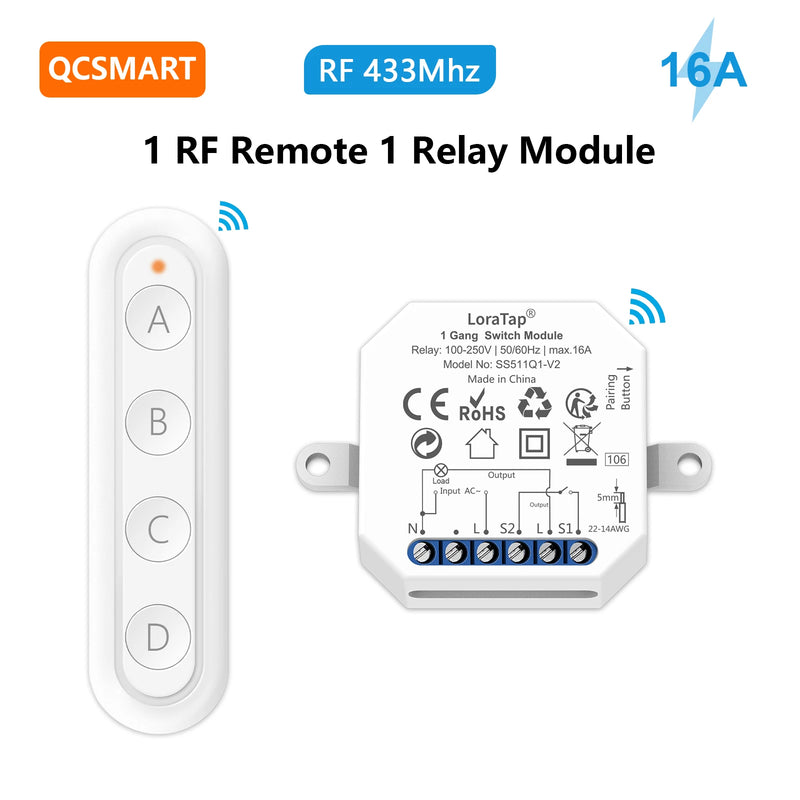 QCSMART Wireless RF 433Mhz 110-220V 16A Light Swich Relay Module Small Device with 4 Button Remote Controller