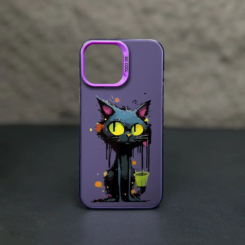 IPhone 15 Case So Cool Cartoon Graffiti Big Eyed Black Cat Metal Backboard Case iPhone 14 Plus 13 Pro Max 12 Case