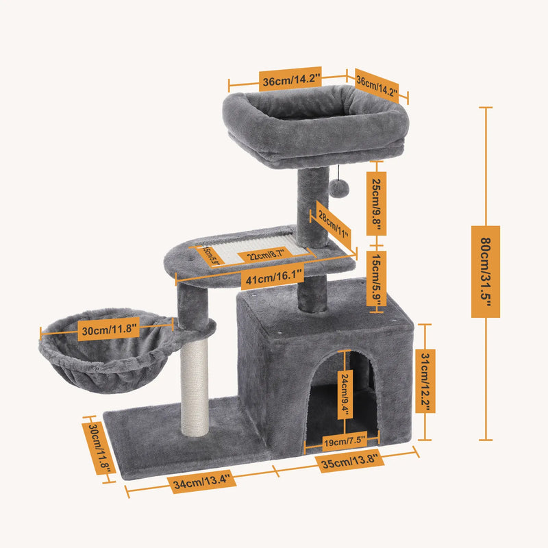 Cat Tree for Small Cats, Plush Cat Tower with Large Cat Condo, Deep Hammock and Sisal Cat Scratching Post for Kittens