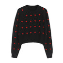 Women Fashion Heart Love Embroidery Knitted Pullover Sweater Vintage Long Sleeves O-Neck Female Chic Lady Tops C-153