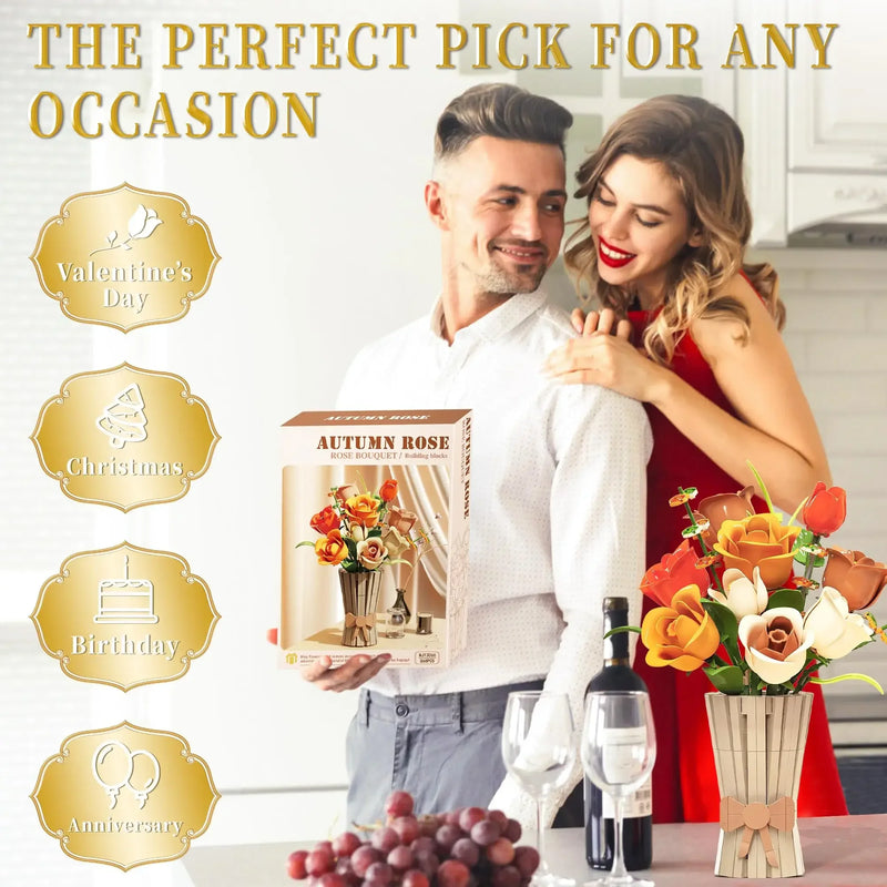 868PCS Rose Bouquet Building Blocks Eternal Flower Vase Bricks Home Decoration Girl Romantic Valentine's Day Gifts Kids DIY Toys