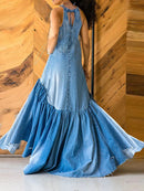 Übergröße Fashion Denim Langes Kleid Sexy Damen Schleife Neckholder Swing Sommerkleid Urlaub Ärmellose Robe Lässiges Lockeres Meerjungfrau Maxikleid