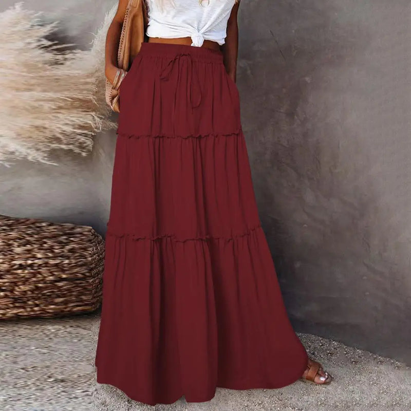 Fashion High Waist Long Solid A-Line Skirt Women Casual Beach Faldas Female Boho Elastic Waist Holiday Party Maxi Skirt