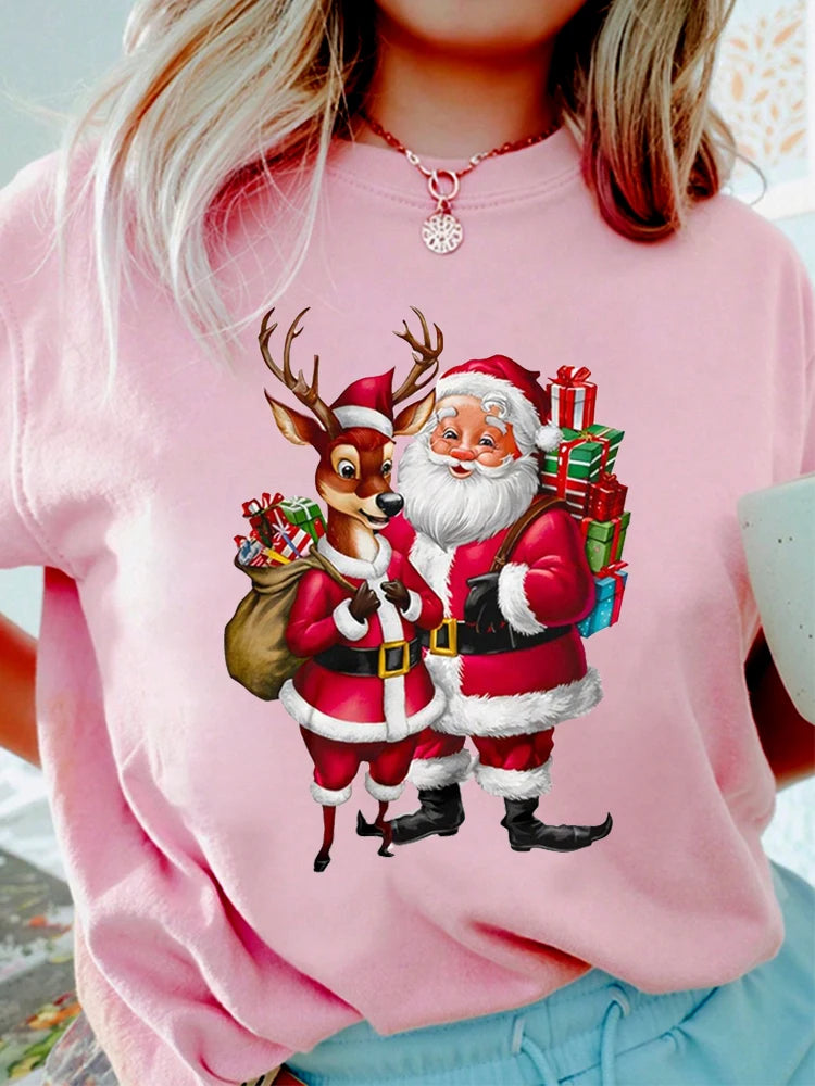 Merry Christmas Santa Claus Deer Print Women T-Shirt Fashion Short Sleeve T Shirt Streetwear Harajuku Female Tees Tops