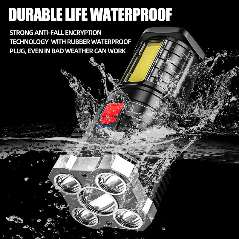 5LED High Power Led Flashlights Rechargeable Camping Spotlight with Side Light 3 Lighting Modes for Camping Adventure Outdoor