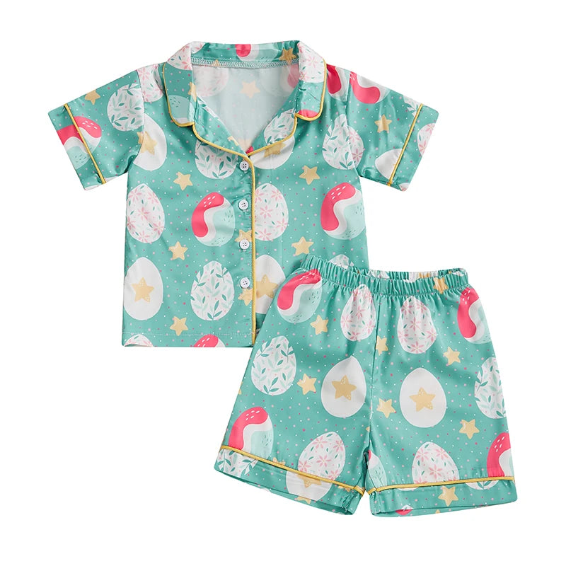 Kids Easter Satin Pajamas Set with Bunny Print Short Sleeve Lapel Button Down Tops and Shorts Sleepwear for Boys and Girls