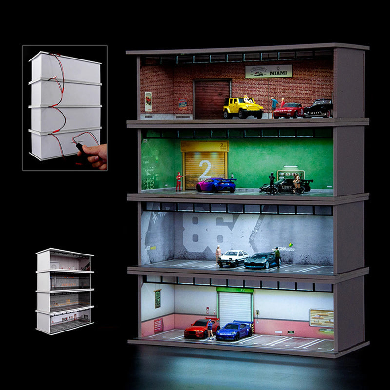 1/64 Vehicle Model Display Case Display Stand with Parking Lot Scene with LED Lights for Sports Car Model Collectors Toy Cars