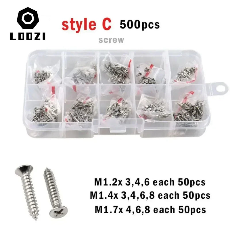 M1 M1.2 M1.4 M1.7 M2 M2.6 M3 M4 Stainless Steel Cross Countersunk Head Wood Screw Set Phillips Flat Head Self Tapping Screws Kit