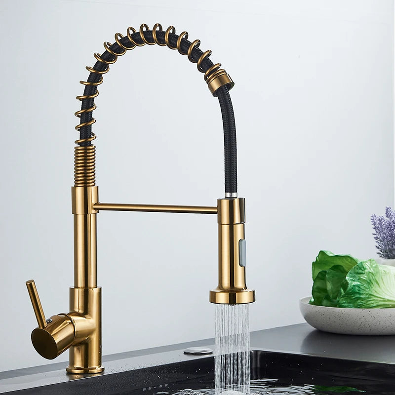 Quyanre Brushed Gold Kitchen Faucet Pull Down Kitchen Faucet Single Handle Mixer Tap 360 Rotation Torneira Cozinha Mixer Tap