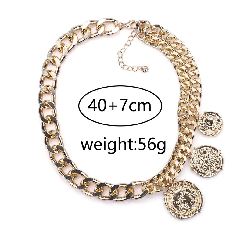 2025 New Contrast Metal Chain Links Choker Necklace With Charm Coin Pendants Jewelry Women Gold Silver Color  Punk Necklace