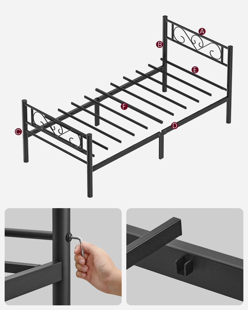 VASAGLE bed 90x200 cm Guest bed Single bed Metal bed Rack bed frame Metal bed Easy Assembly ink black