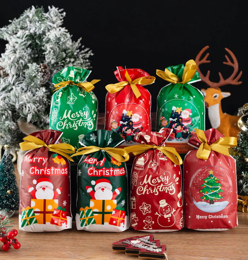 Hot Sale 10Pcs/Lot 15x23cm Christmas Plastic Gift Bag Party Favor Boutique Cosmetics Candy Gifts Packaging Bags With Drawstrings