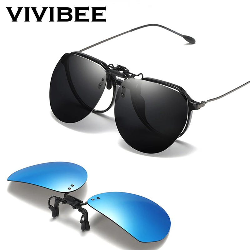VIVIBEE Mirror Blue Men's Polarized Flip Up Clip On Sunglasses Night Driving UV400 Grey Lens Fishing Fashing Clips for Mypoic