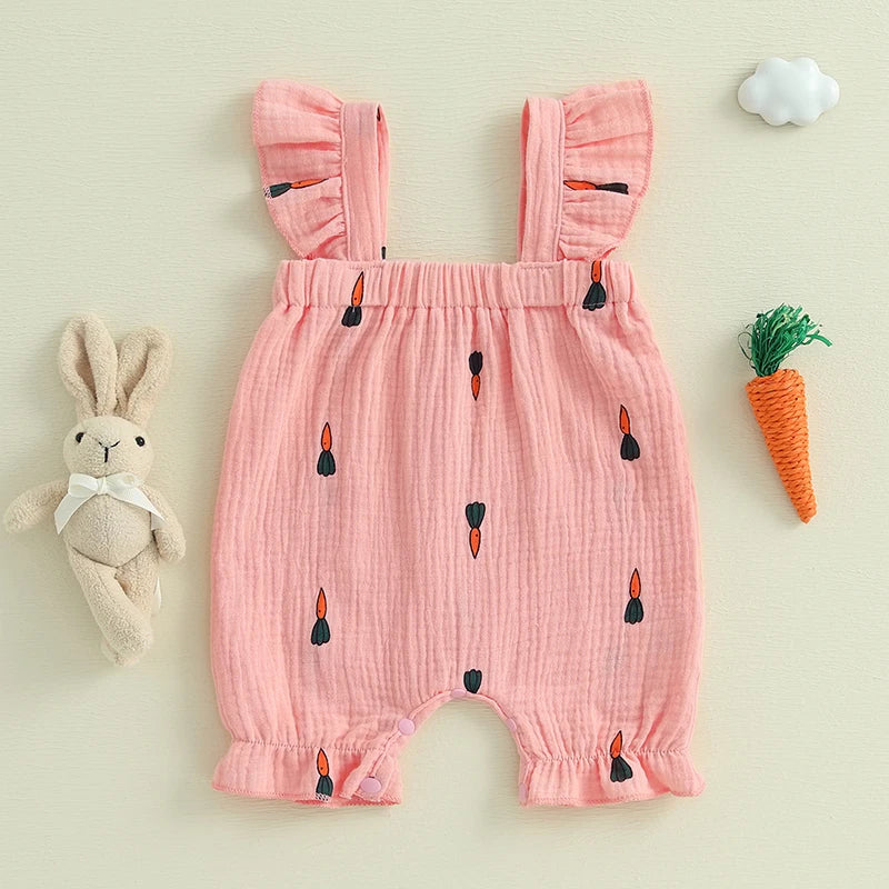 Toddler Boys Easter Outfits Bunny Print Short Sleeve Rompers Summer Clothes Jumpsuits with Carrot Applique