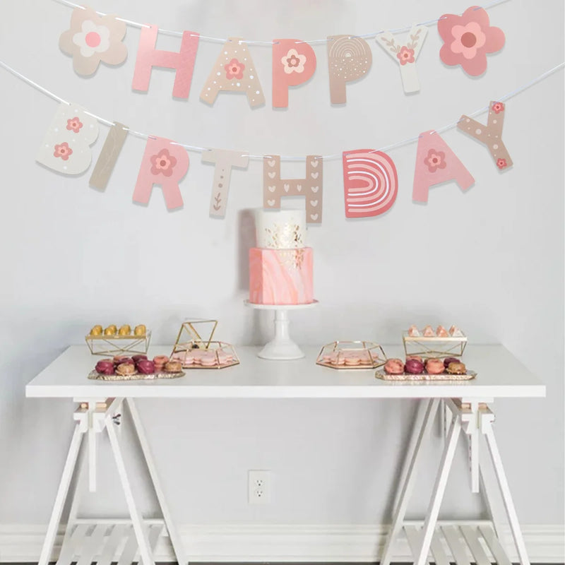 Pink Flower Banners Garland Ins Style Happy Birthday Banners Birthday Party Decoration Kids Girl Baby Shower Hanging Flag