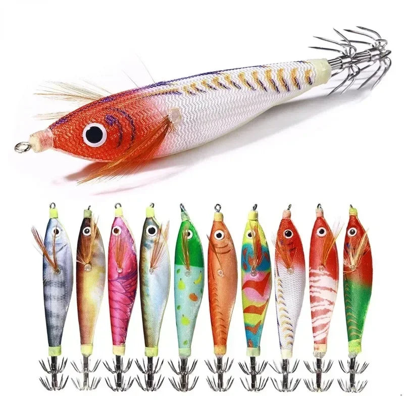 1pcs Luminous Squid Jigs Prawn Hook Wooden Bionic Shrimp Baits Fishing Lures For Saltwater 9.6g