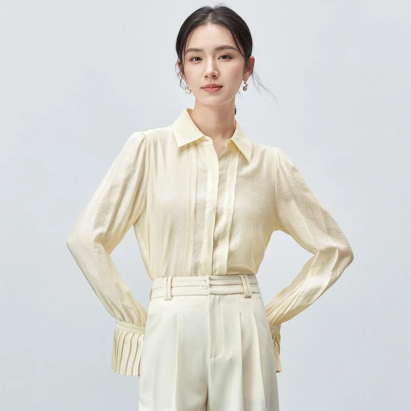 SENTUBILA Office Lady Long Sleeve Shirt Women 2025 Autumn Fall Fashion Pleate-detail Sleeve Button Up Shirts & Blouses 143C55634