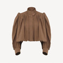 Fashion Stand Collar Short Jacket Women Long Puff Sleeve Single-breasted Pleated Women's Coat 2025 Autumn Lady Outwears Street