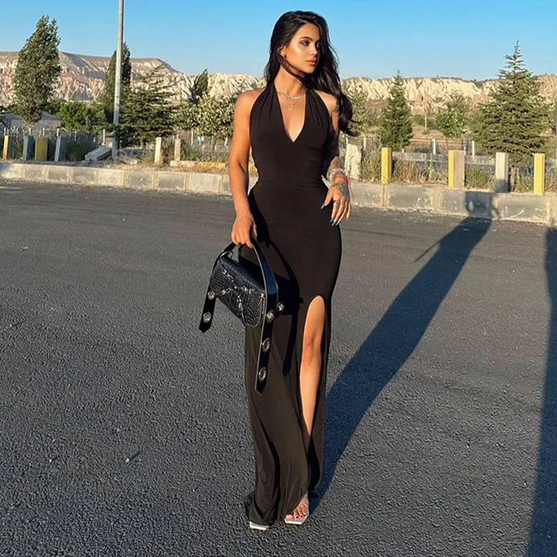 Sexy Black Maxi Dress Women Summer New Backless Sleeveless Halter Split Dress Simple Solid Fashion Clubwear Elegant Party Dress