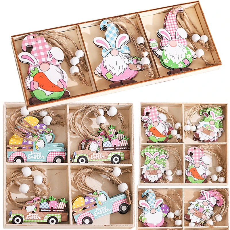 12/9pcs Happy Easter Wooden Pendant Cute Bunny Egg Carrot Chick Hanging Ornaments Spring Easter Party Home Decoration DIY Wreath