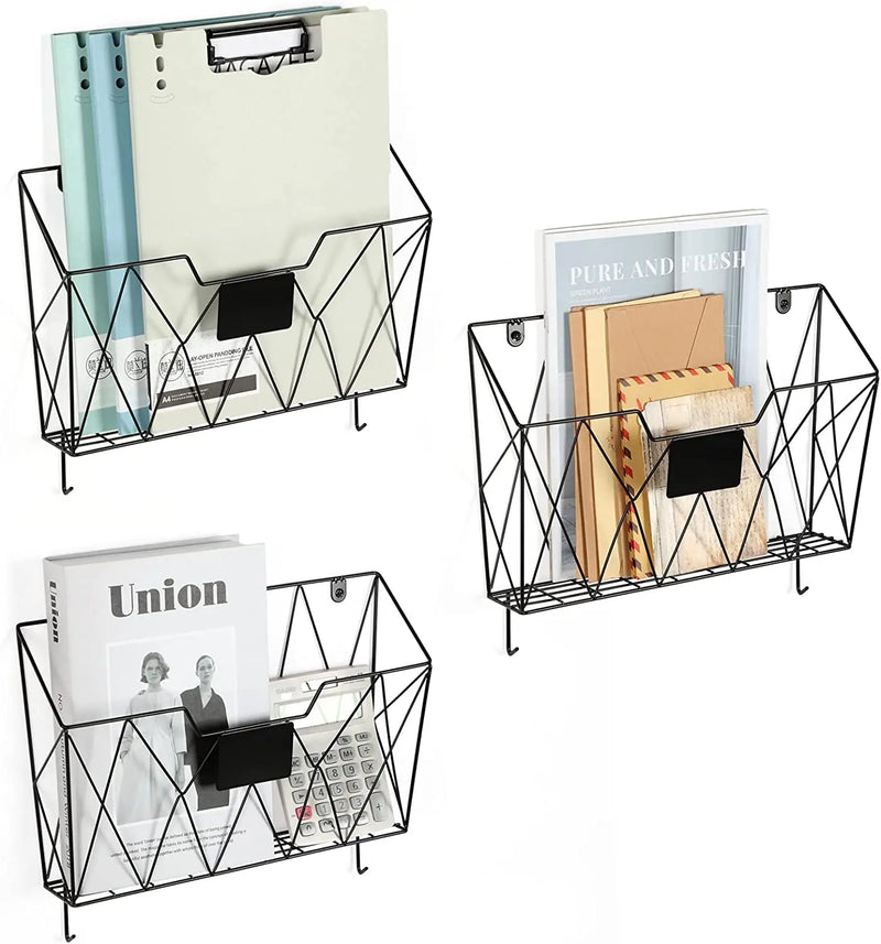 Hanging Wall File Holder Wall Mount Home Metal 3 Pockets Mail Organizer w/Hooks