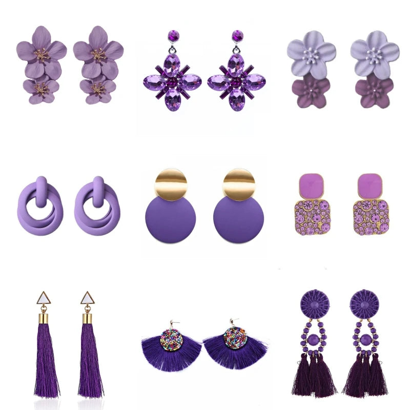 Purple Color Dangle Earrings for Women Bottle Pendants C-shaped Drop Earrings Flower Butterfly Earrings Party Gifts Wholesale