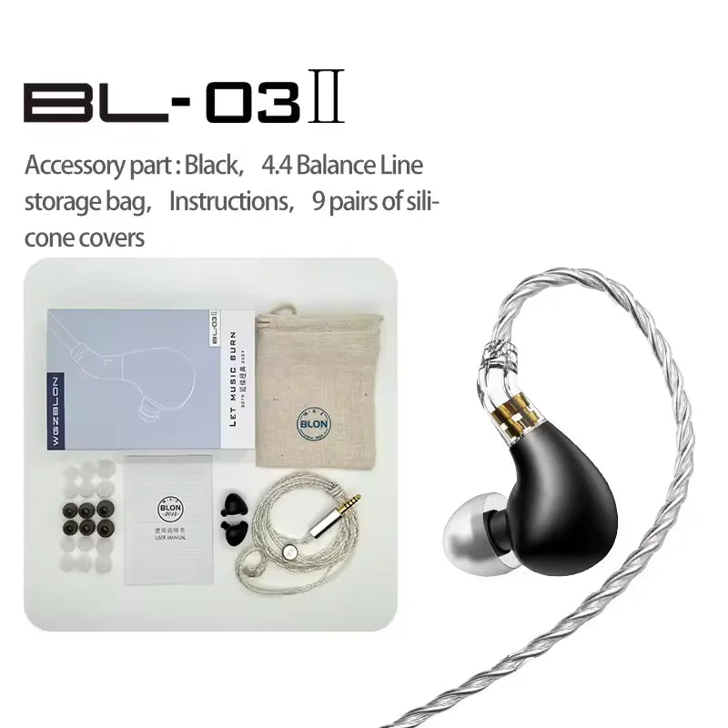 BLON BL03 II 10mm Dual-Chamber Dynamic Driver IEM Hifi Music Earphones with 0.78mm 2-Pin Detachable Cable Compatibility