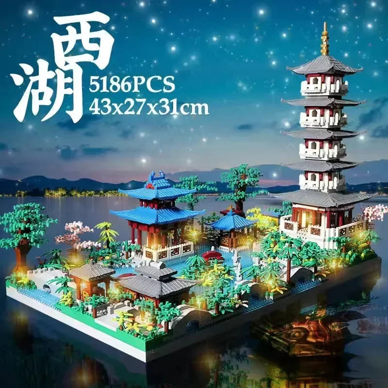5186PCS Chinese Architecture Micro Building "Hangzhou West Lake "DIY Diamond Bricks with Ligh Toy for Kids Adult Gift