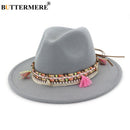BUTTERMERE Womens Fedora Hat Wool Khaki Jazz Hats Female National Casual Large Brim Vintage Autumn Classic Felt Hat And Cap 2022