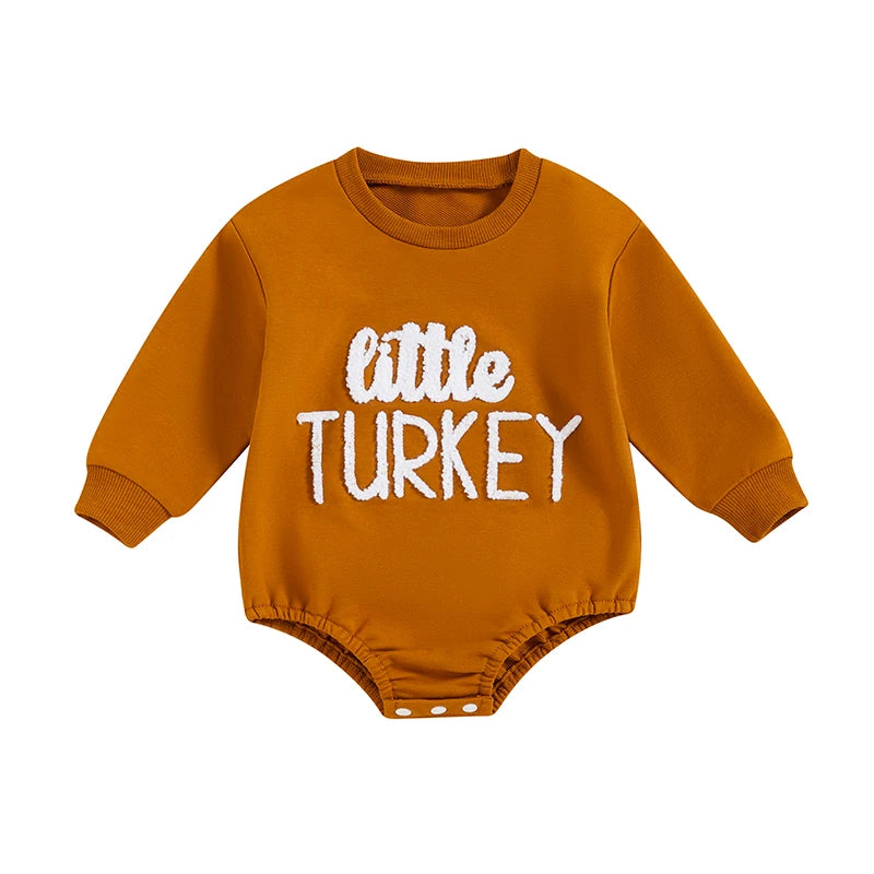 Thanksgiving Baby Romper with Embroidered Turkey Design and Cozy Long Sleeves for Fall Festivities and Family Gatherings