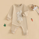 Lioraitiin Baby Girls Boys Easter Rompers Plush Bunny Embroidery Fur Ball Design Crew Neck Long Sleeve Spring Infant Jumpsuit
