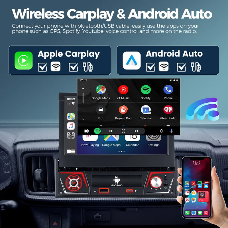 1 din Car Radio Android Carplay Auto Universal 7" IPS Retractable Screen gps Navigation 1Din Android 12 Multimedia Video Player