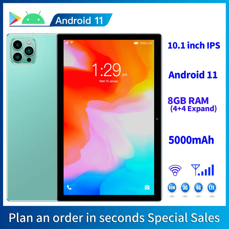 10.1 Inch Tablet Android 11, 8GB(4+4 Expand) RAM 64GB ROM,1TB Expand,1280x800 IPS Screen 5000MAH Battery,GMS 3G Network,WiFi