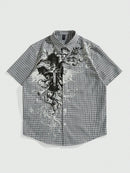 Y2K Grunge Punk Men's Street Summer Plaid Cross Print Short Sleeve Single-Breasted Casual Shirt