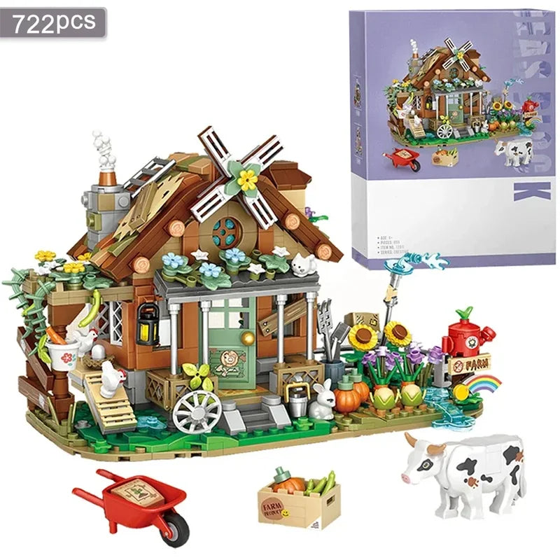 City Street View MINI Building Blocks Set DIY Country Windmill Cabin Model Assembled Ornaments Aldults and Children's Toys Gifts