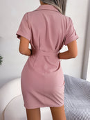 Women Summer Casual Short Sleeve Buttons Pleated Pencil Dress Blue Pink Red