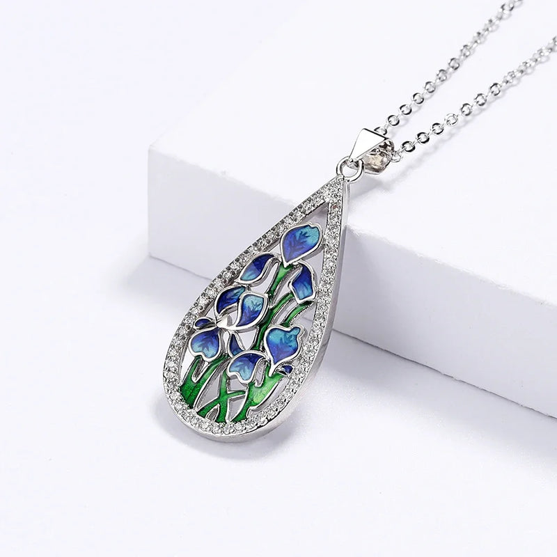 925 Silver Women's Necklace Fashion Blue Flower Ladies Pendant Handmade Enamel Jewelry Wedding Accessories Pendant Necklace